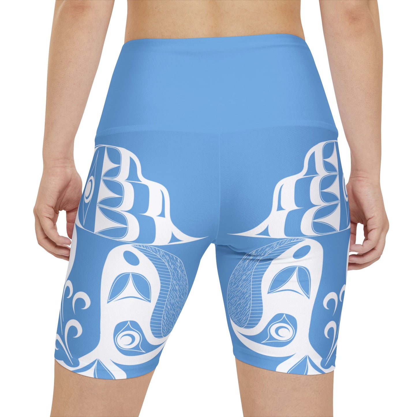 Sky Blue Biker Shorts with “Whale Hunt” design by Joshua Watts