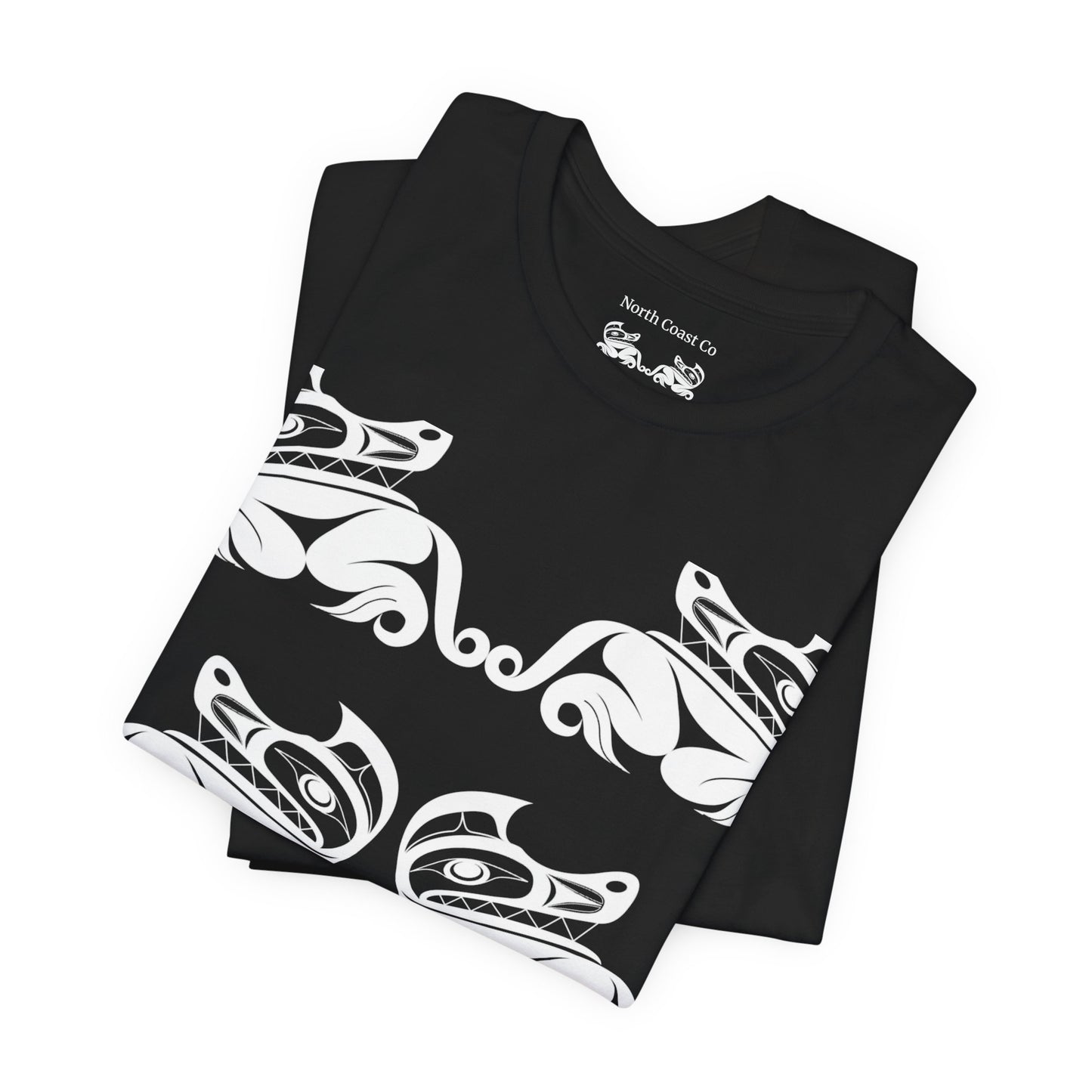 Unisex T-Shirt with black and white “Twin Wolves” design by Joshua Watts