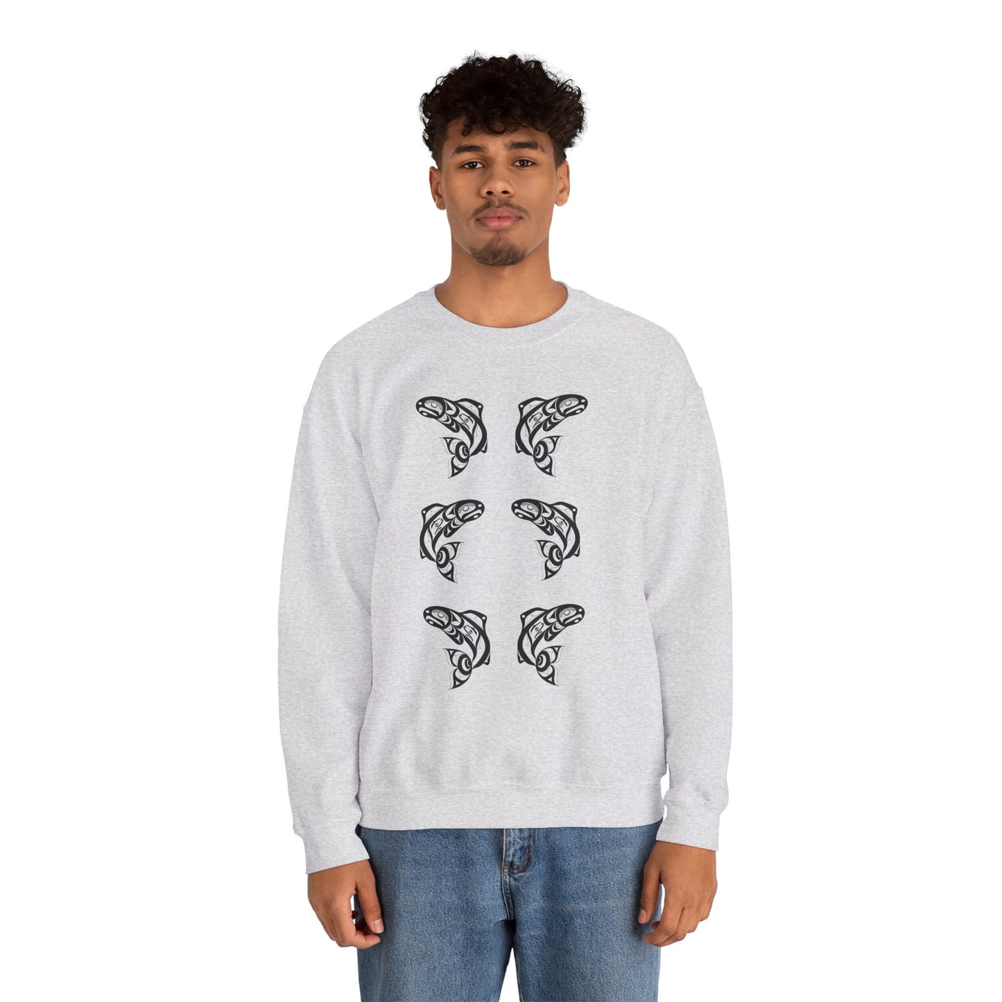 Unisex Crewneck Pullover sweatshirt with Black “Salmon Run” design by Joshua Watts