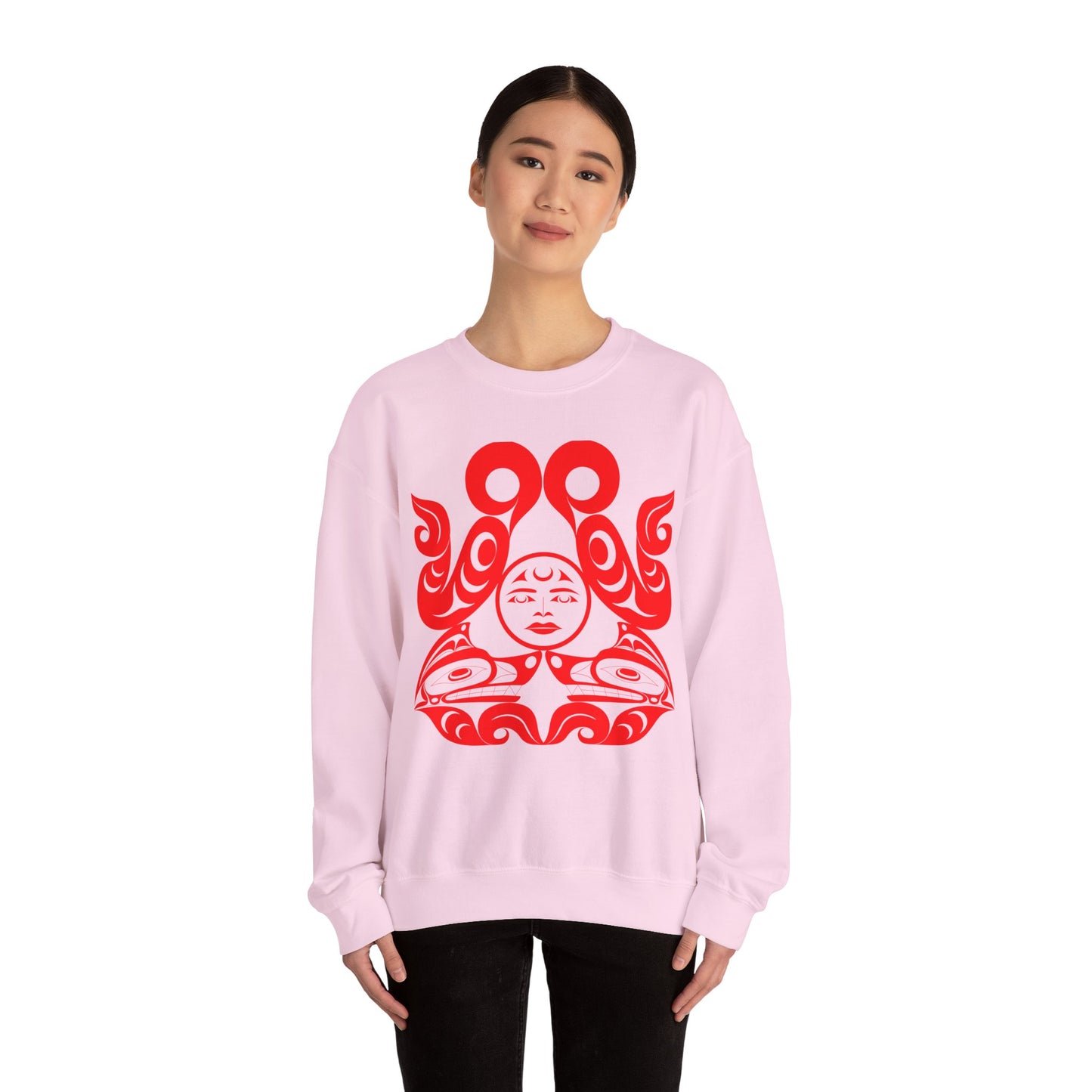 Unisex Crewneck Pullover sweatshirt with Red “Tsuu-Baa-Asaxt Wolves” design by Joshua Watts