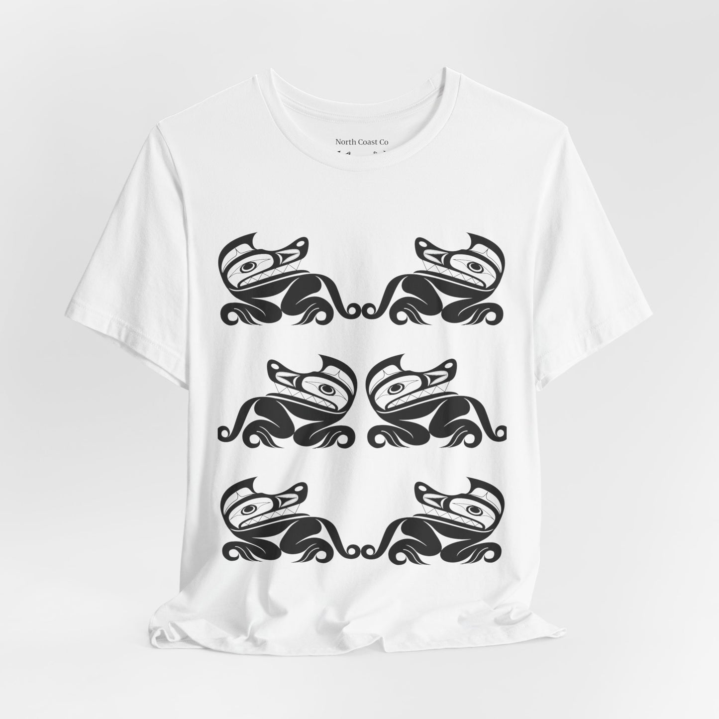 Unisex T-Shirt with black and white “Twin Wolves” design by Joshua Watts