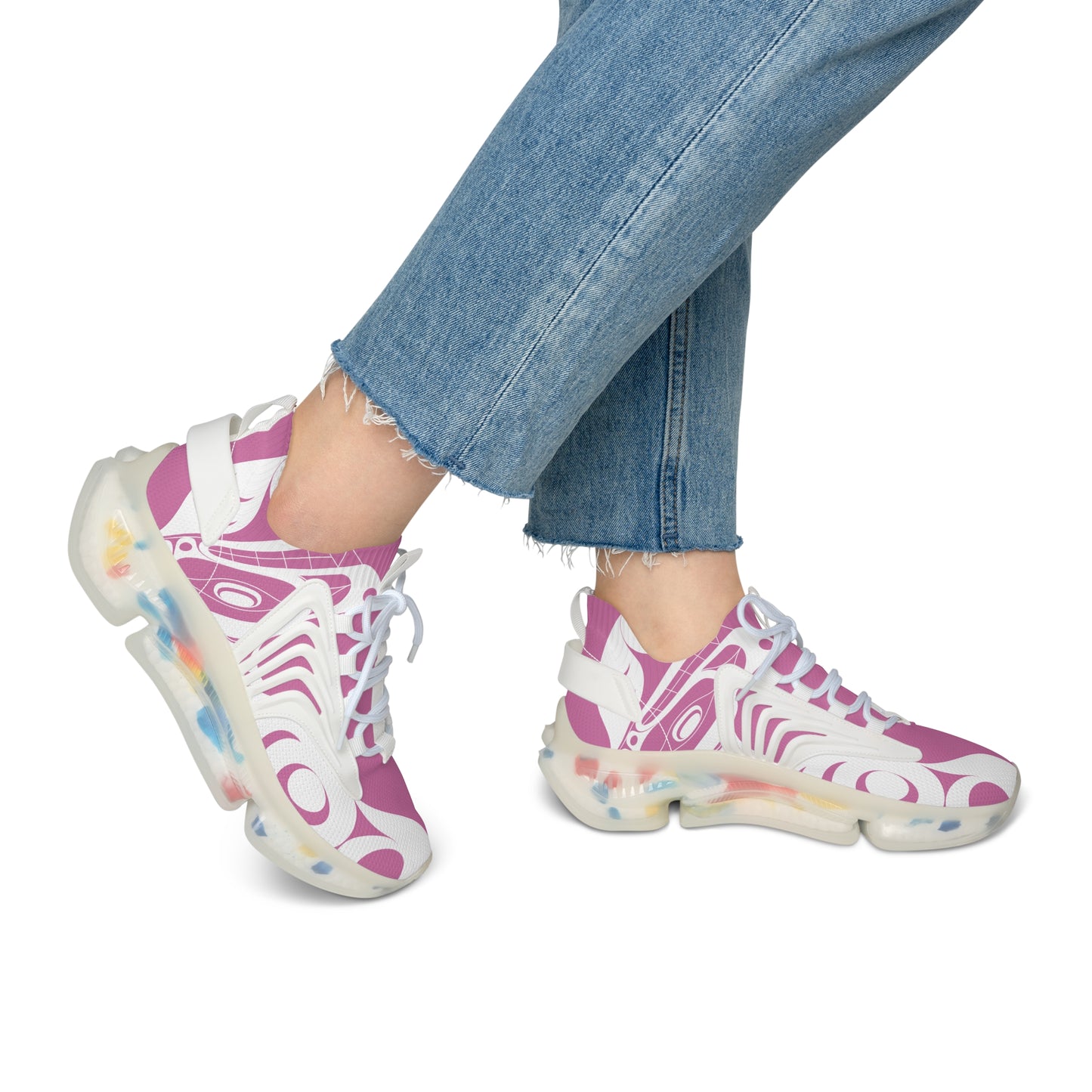Women’s  Stylin’ Pink Sneakers with White Wolf design by Joshua Watts