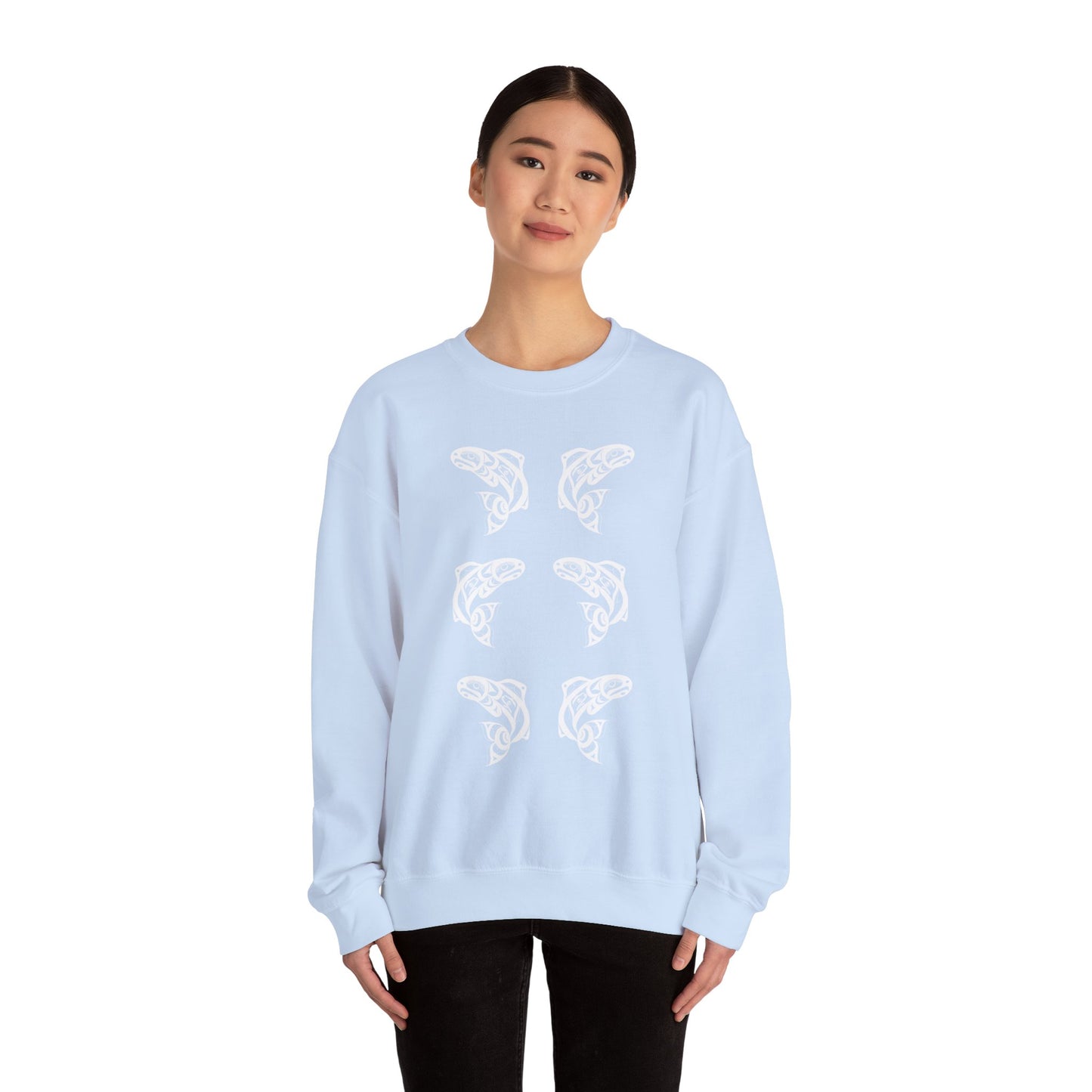Unisex Crewneck Pullover sweatshirt with White “Salmon Run” design by Joshua Watts