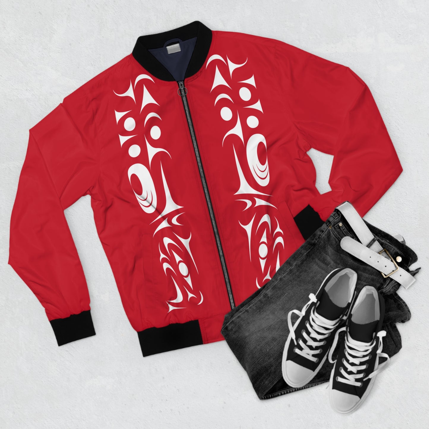 Red Unisex Bomber Jacket with White “Twin Thunderbird” design by Joshua Watts