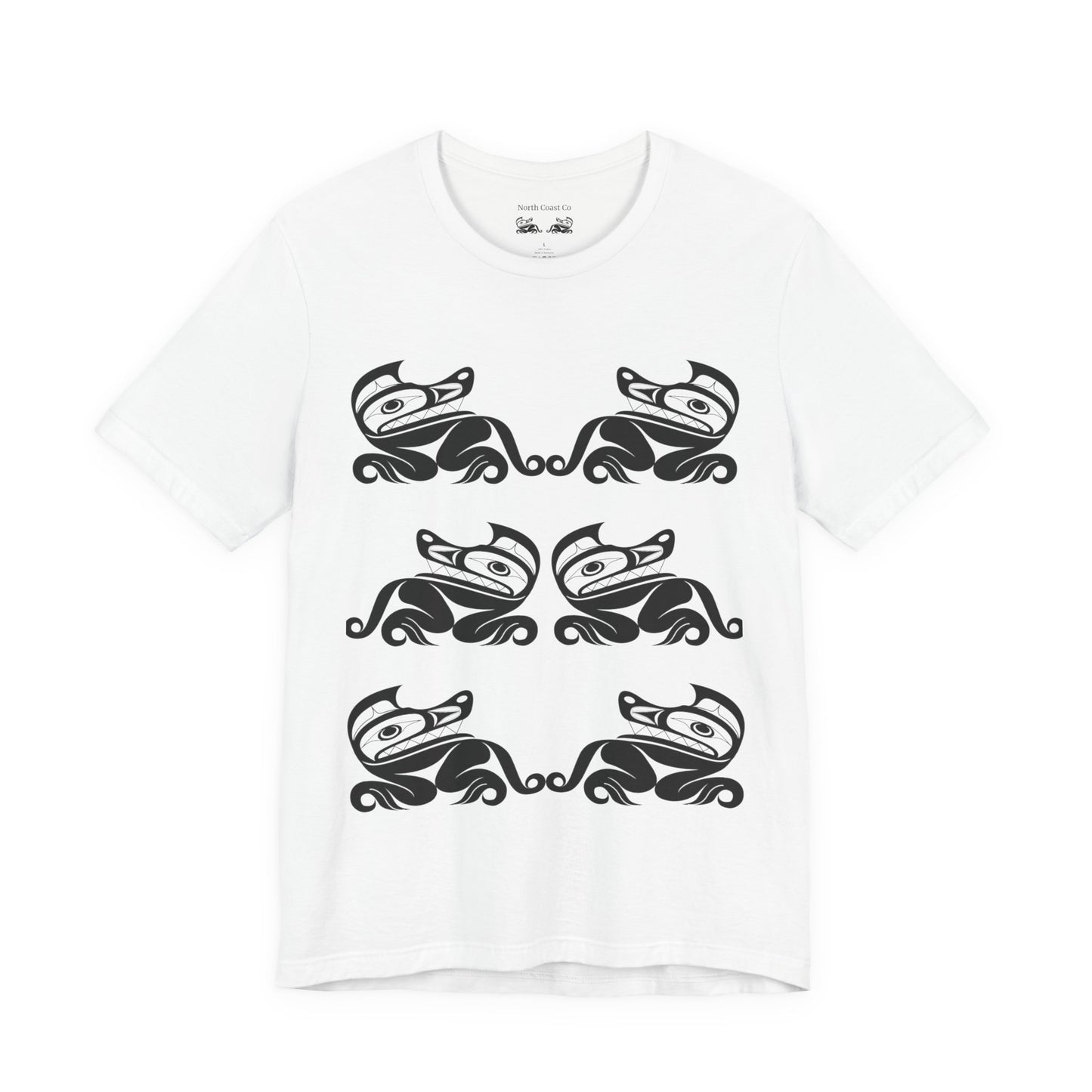 Unisex T-Shirt with black and white “Twin Wolves” design by Joshua Watts