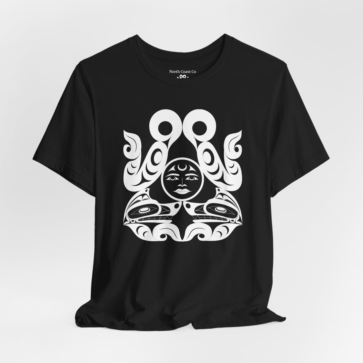 Unisex T-Shirt with black and white “Tsuu-Baa-Asaxt wolves” design by Joshua Watts