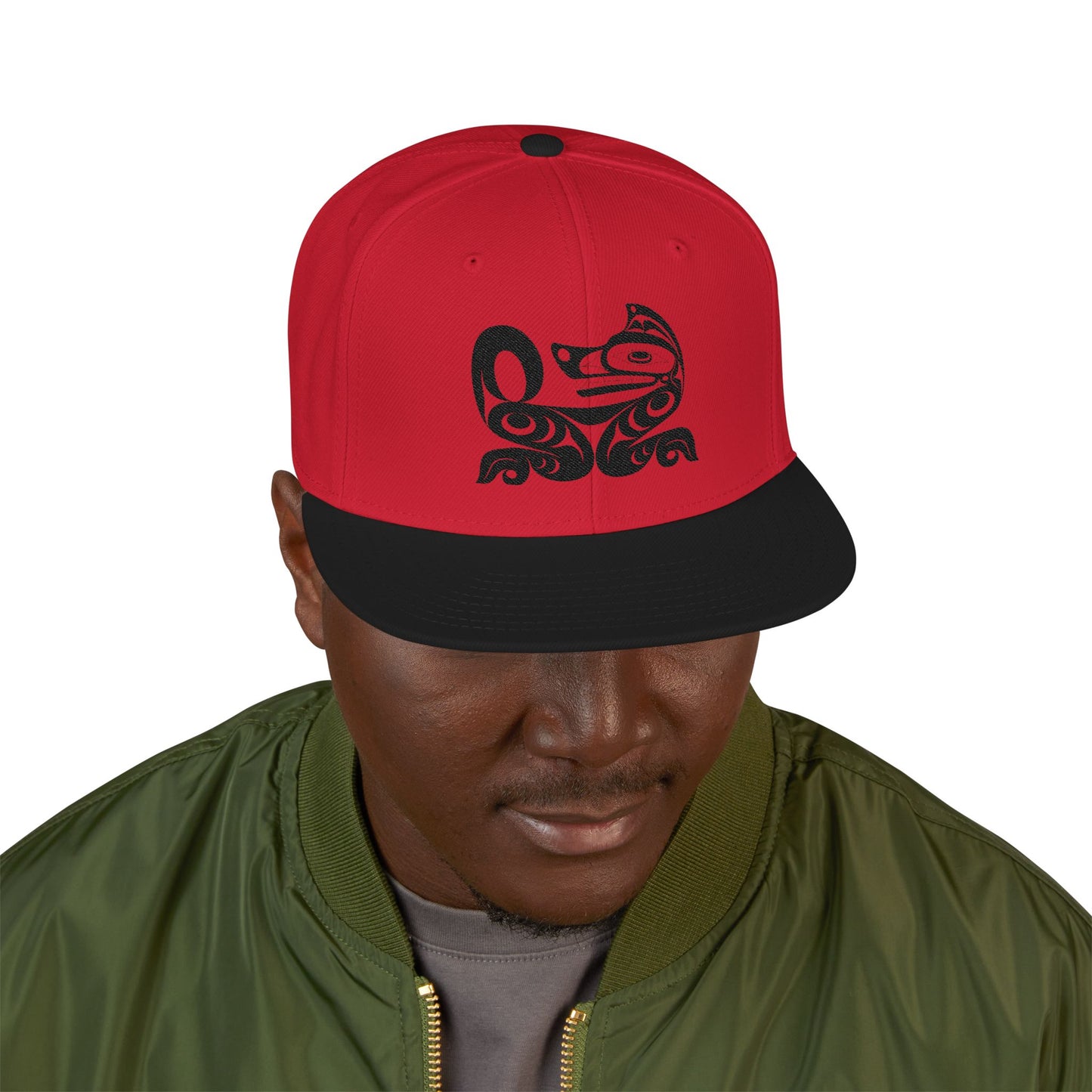 Embroidered Snapback Cap with Black Wolf design by Joshua Watts
