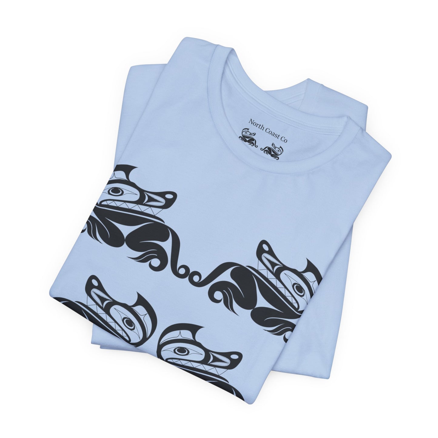 Unisex T-Shirt with black and white “Twin Wolves” design by Joshua Watts