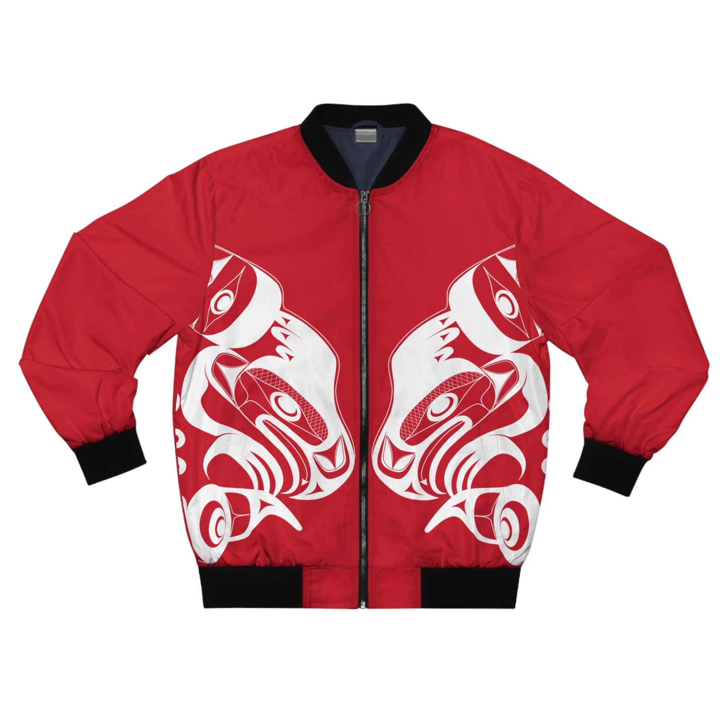 Red Unisex Bomber Jacket with “Whale Hunt” design by Joshua Watts