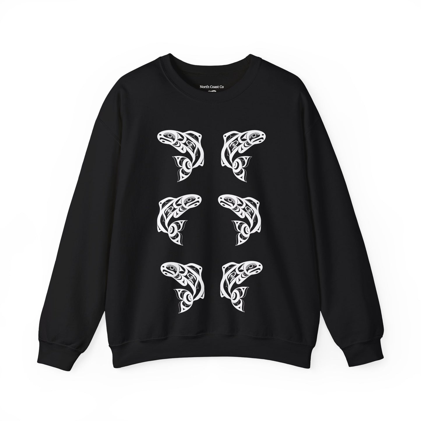 Unisex Crewneck Pullover sweatshirt with White “Salmon Run” design by Joshua Watts