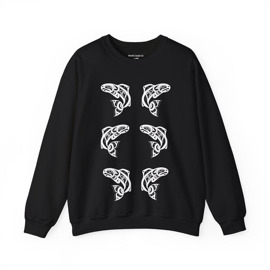 Unisex Crewneck Pullover sweatshirt with White “Salmon Run” design by Joshua Watts