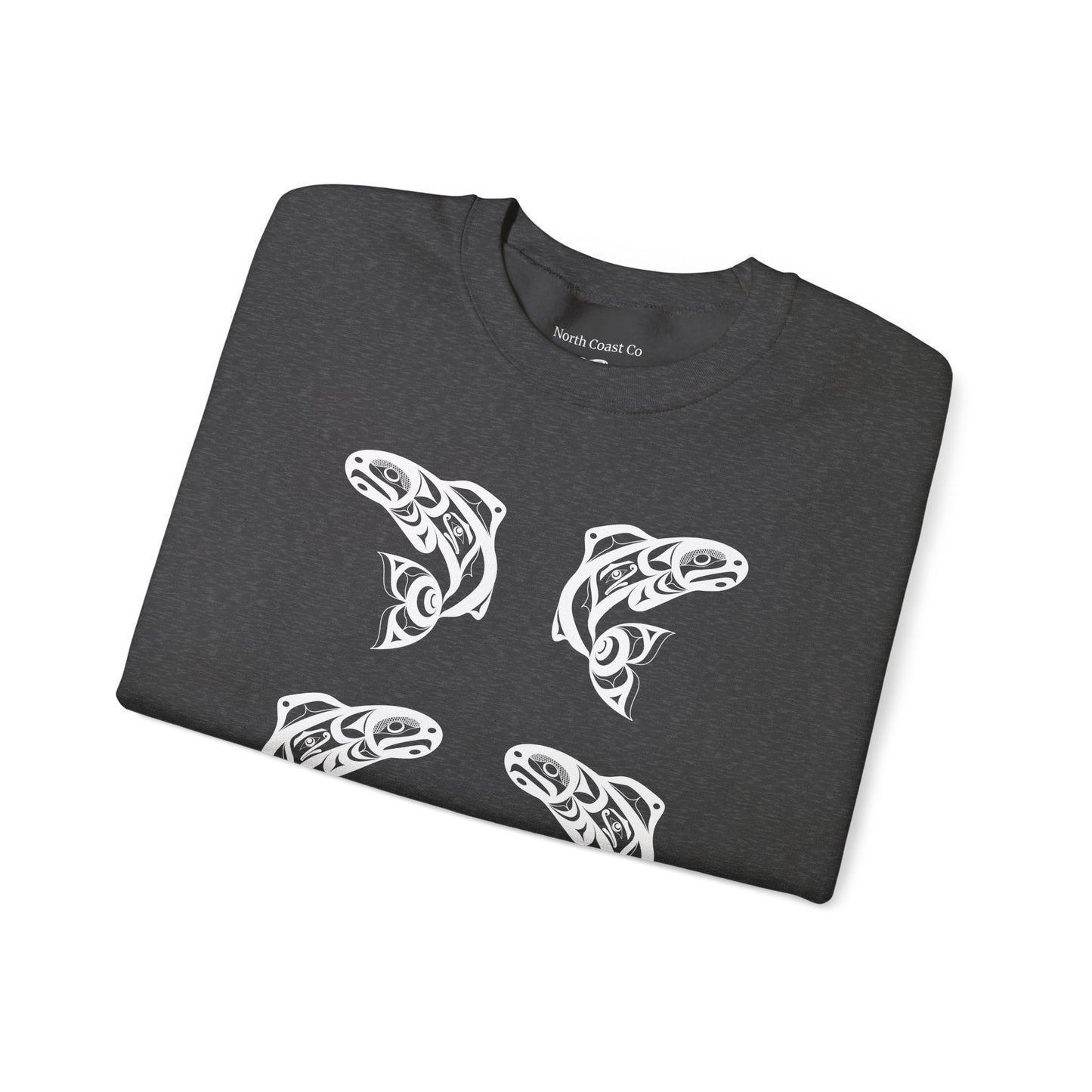 Unisex Crewneck Pullover sweatshirt with White “Salmon Run” design by Joshua Watts