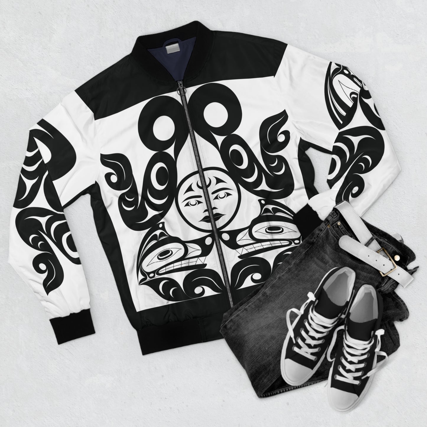 Unisex Bomber Jacket with Black and White “Tsuu-Baa-Asaxt Wolves” design by Joshua Watts