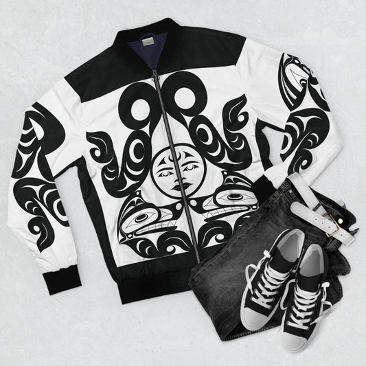 Unisex Bomber Jacket with Black and White “Tsuu-Baa-Asaxt Wolves” design by Joshua Watts
