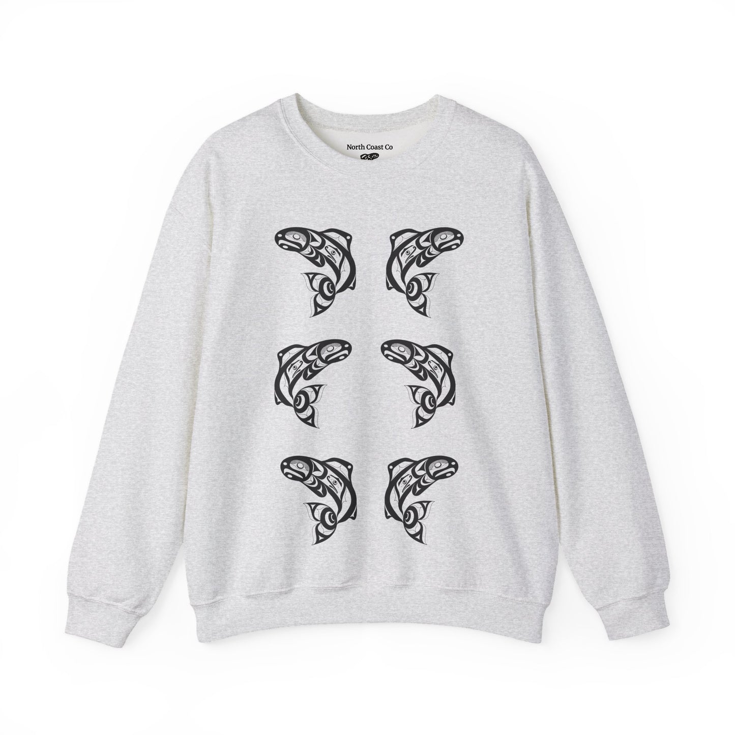 Unisex Crewneck Pullover sweatshirt with Black “Salmon Run” design by Joshua Watts