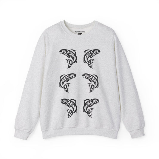Unisex Crewneck Pullover sweatshirt with Black “Salmon Run” design by Joshua Watts