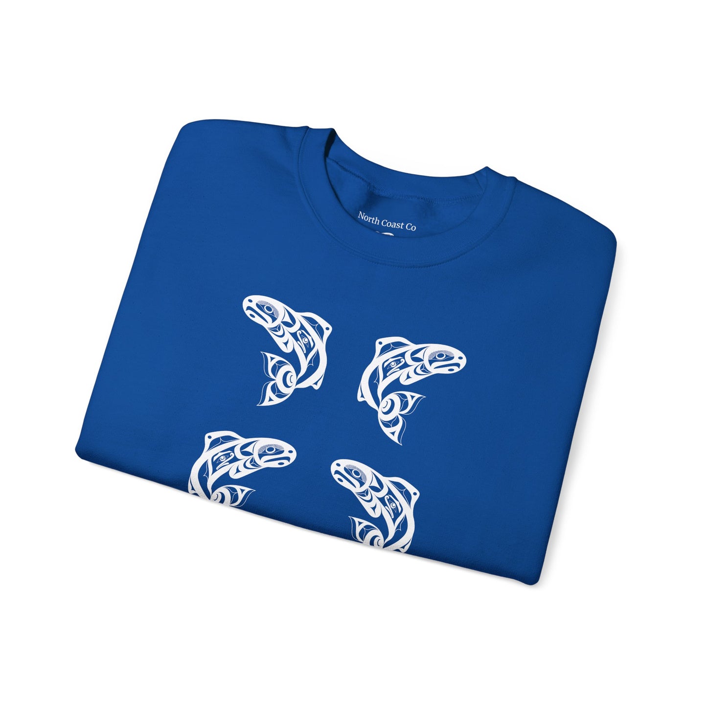 Unisex Crewneck Pullover sweatshirt with White “Salmon Run” design by Joshua Watts