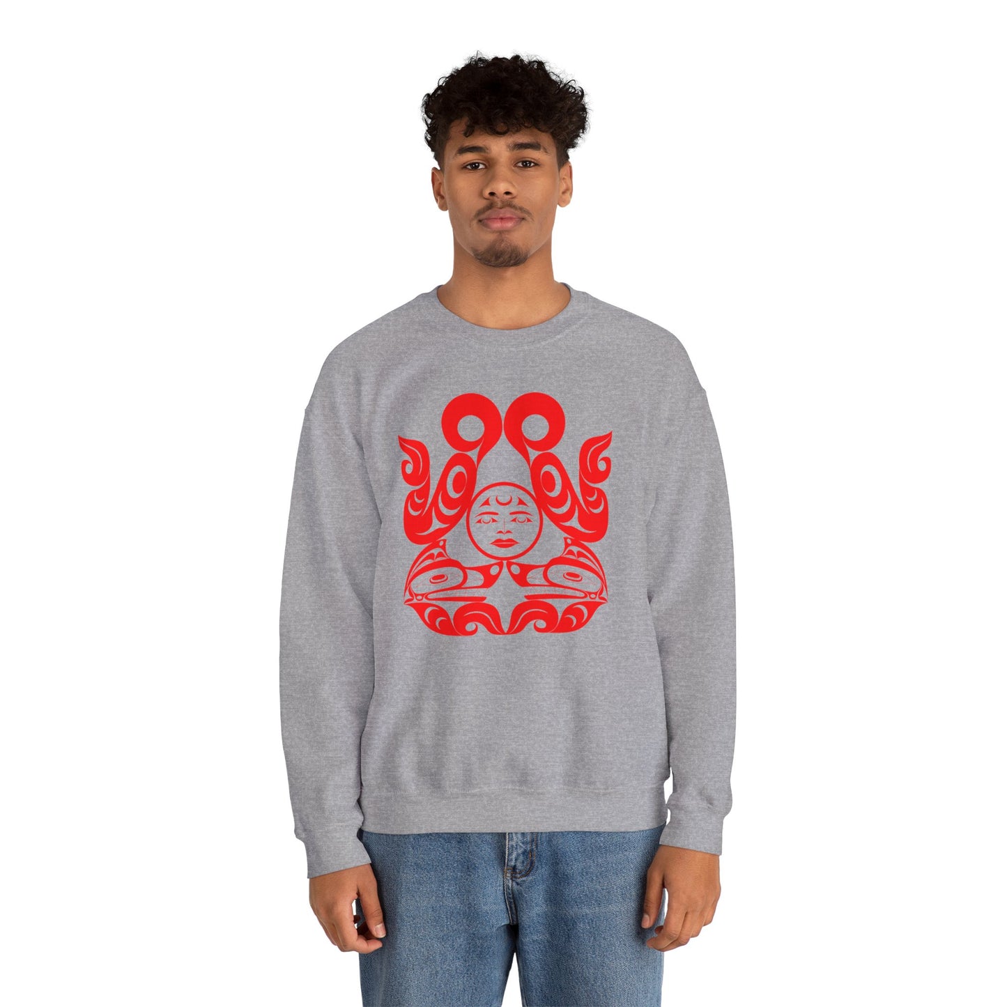 Unisex Crewneck Pullover sweatshirt with Red “Tsuu-Baa-Asaxt Wolves” design by Joshua Watts