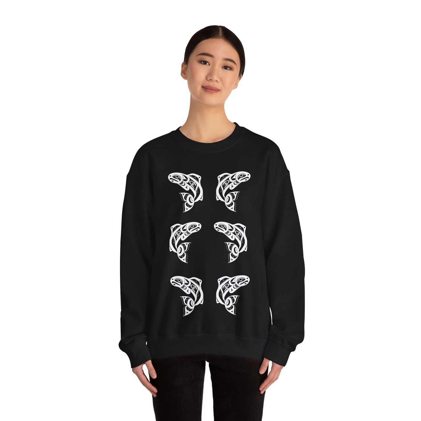 Unisex Crewneck Pullover sweatshirt with White “Salmon Run” design by Joshua Watts