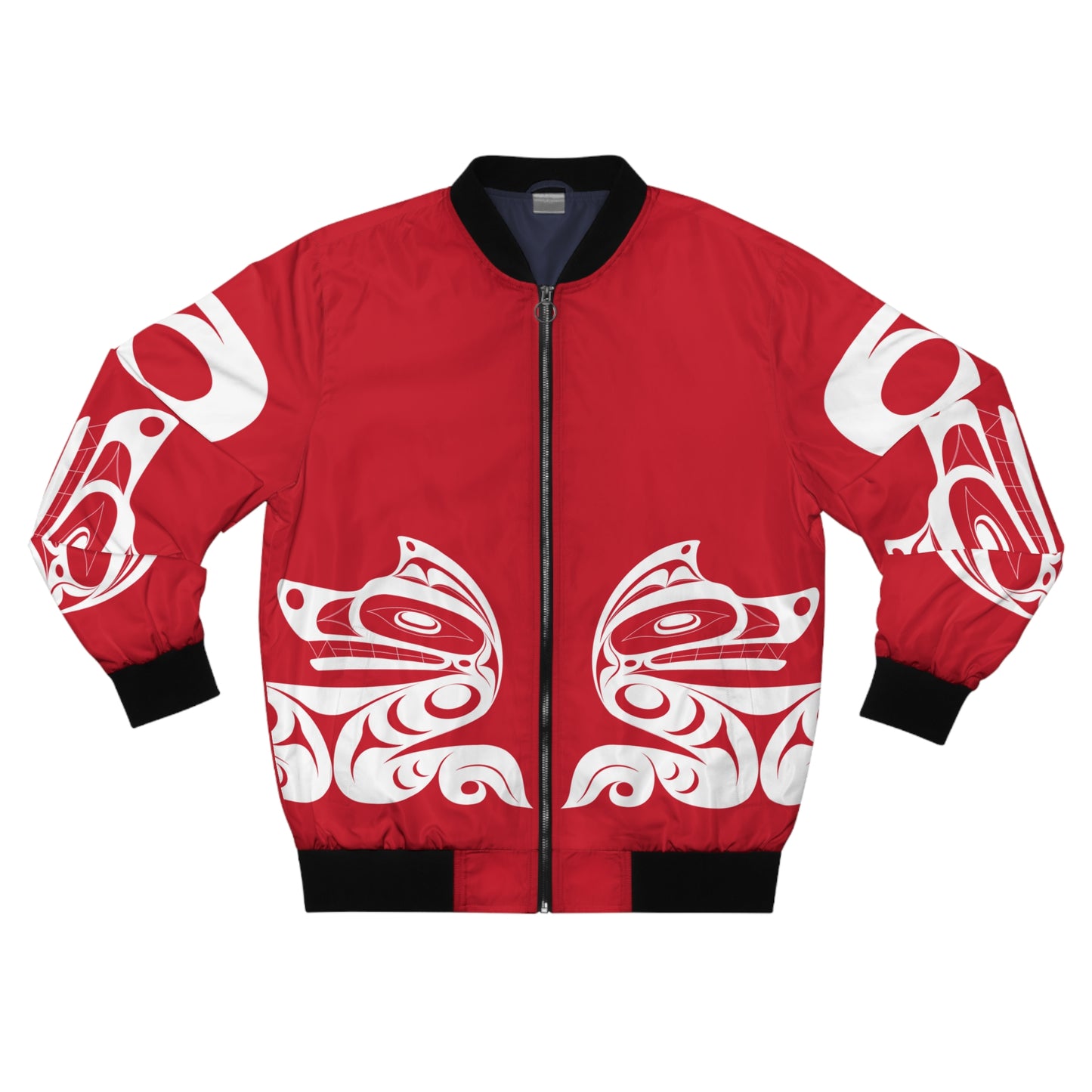 Unisex Red and White Wolf Bomber Jacket designed by Joshua Watts