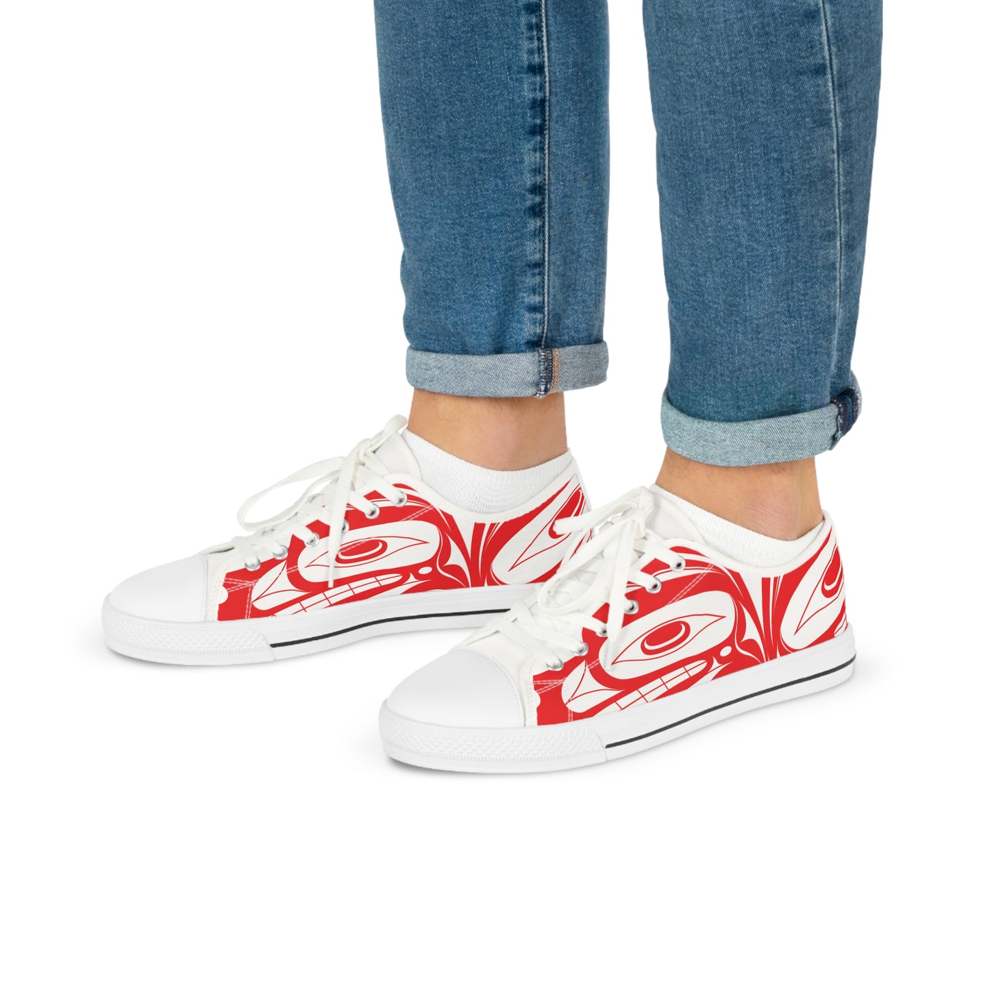 Men's White Low Top shoes with Red Wolf design by Joshua Watts