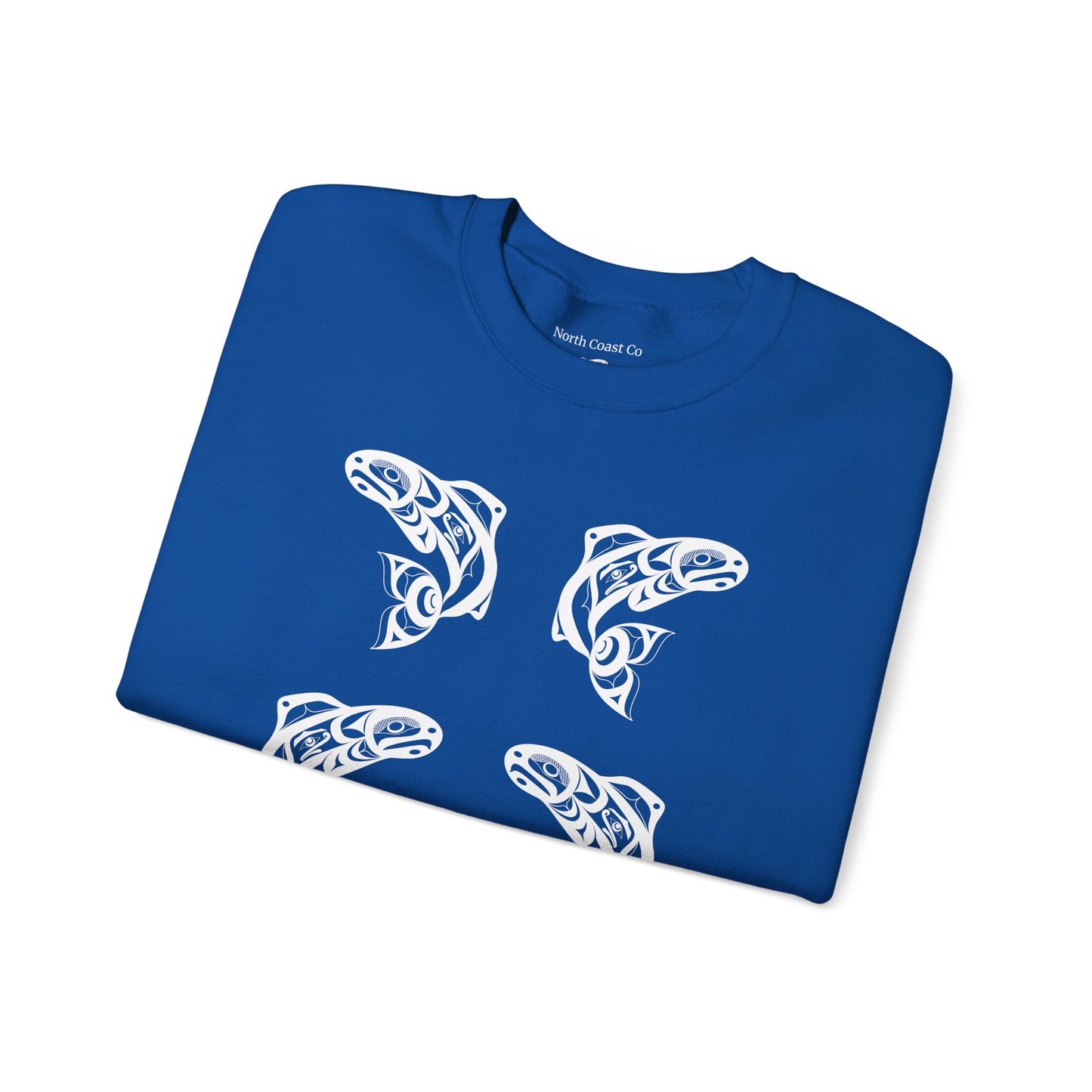 Unisex Crewneck Pullover sweatshirt with White “Salmon Run” design by Joshua Watts