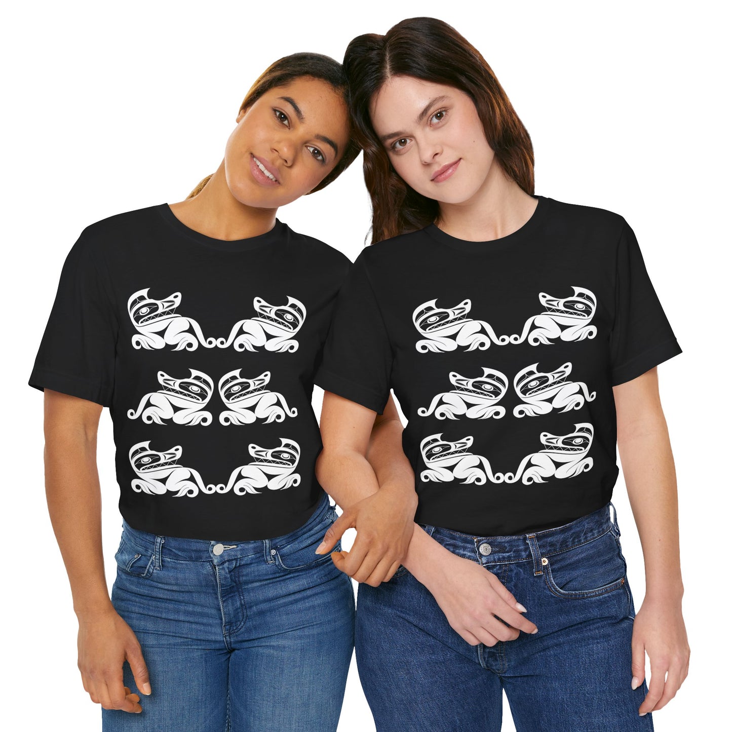 Unisex T-Shirt with black and white “Twin Wolves” design by Joshua Watts