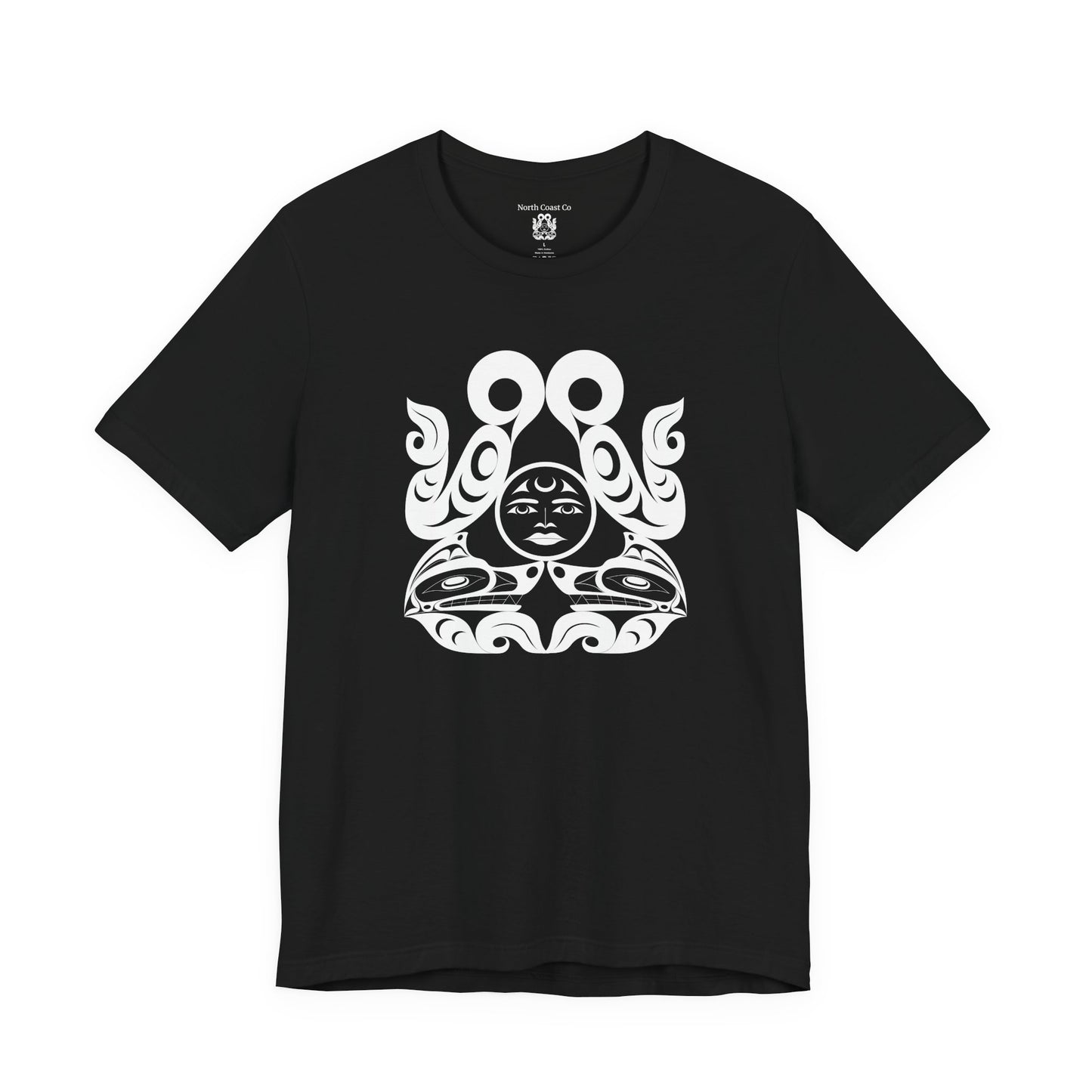 Unisex T-Shirt with black and white “Tsuu-Baa-Asaxt wolves” design by Joshua Watts