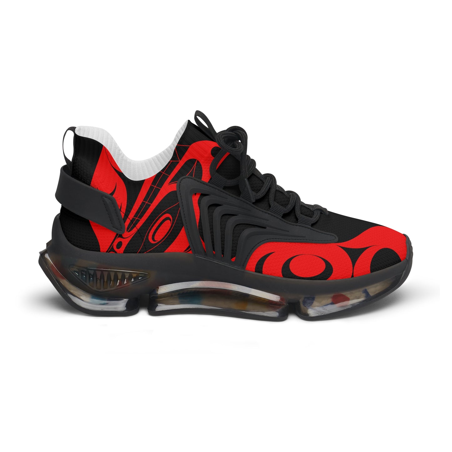 Women’s Stylin’ Black Sneakers with Red Wolf design by Joshua Watts