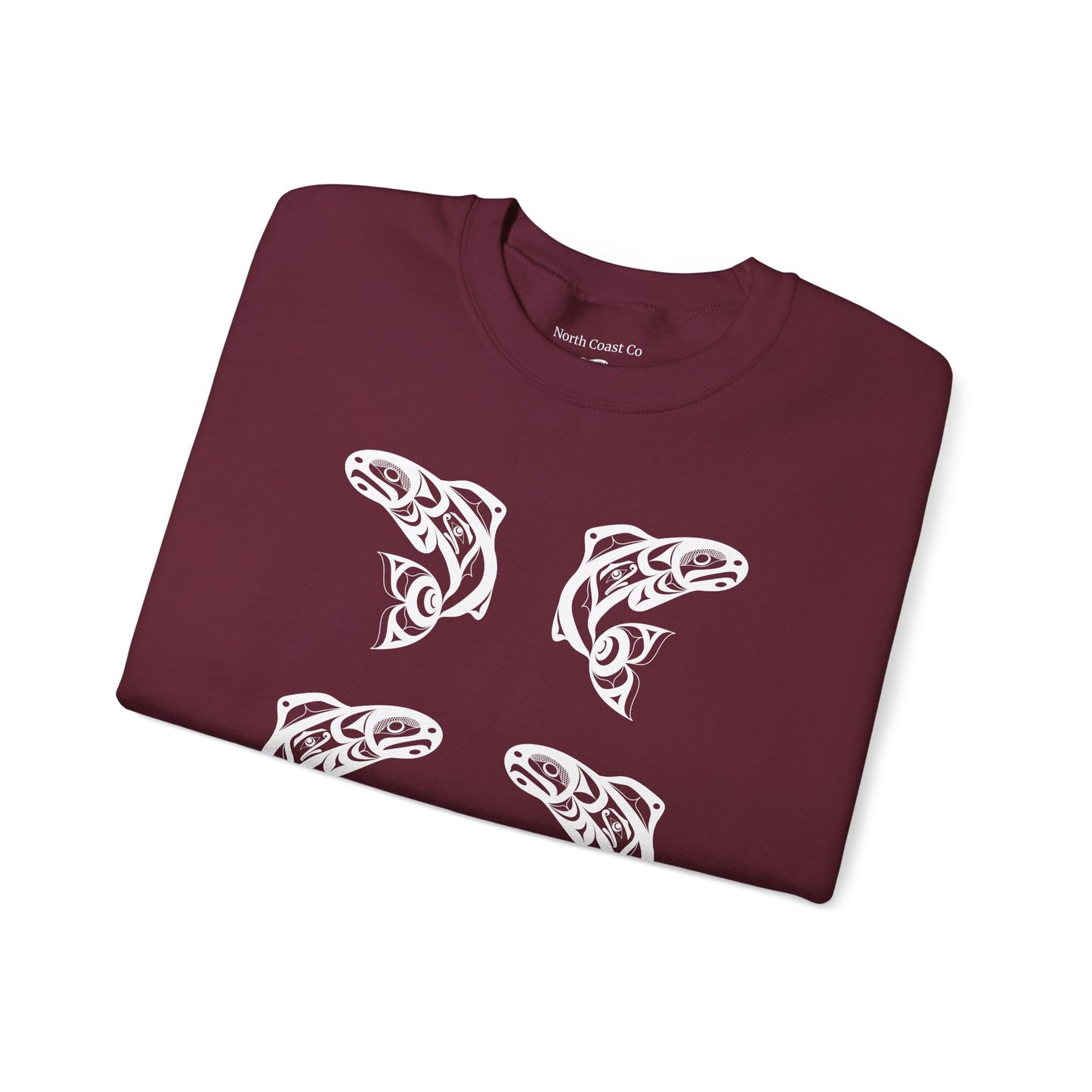 Unisex Crewneck Pullover sweatshirt with White “Salmon Run” design by Joshua Watts