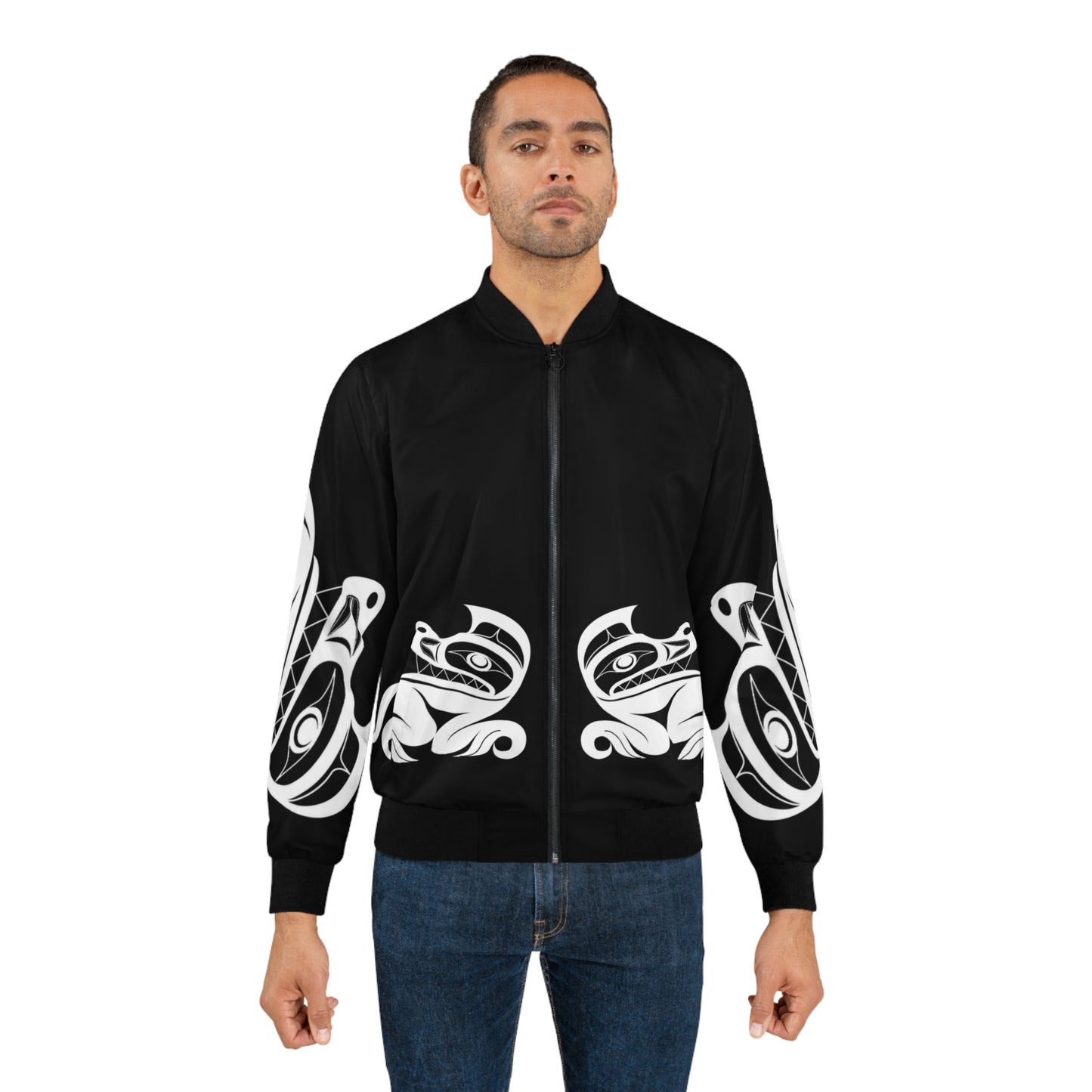 Unisex Bomber Jacket with White “Twin wolves” design by Joshua Watts