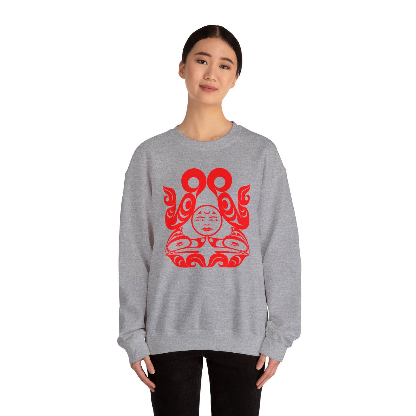 Unisex Crewneck Pullover sweatshirt with Red “Tsuu-Baa-Asaxt Wolves” design by Joshua Watts
