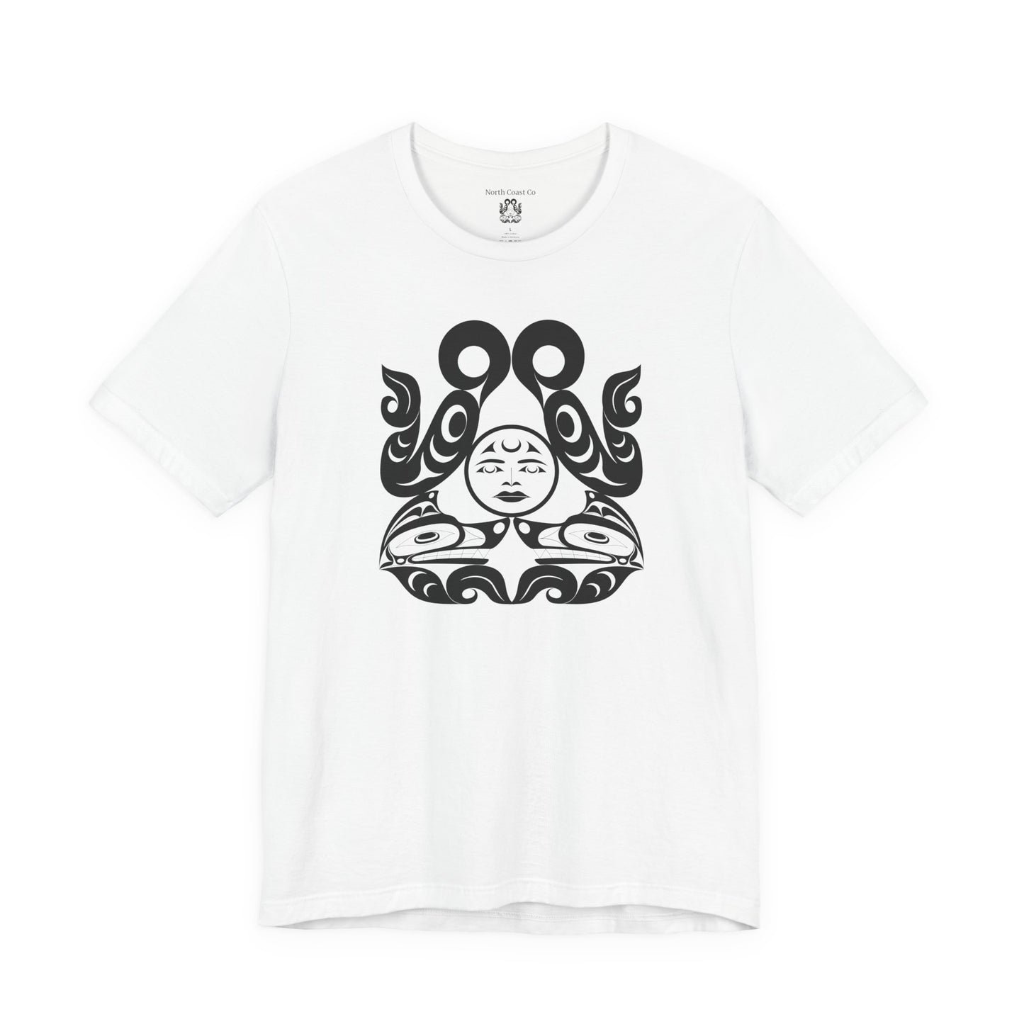 Unisex T-Shirt with black and white “Tsuu-Baa-Asaxt wolves” design by Joshua Watts