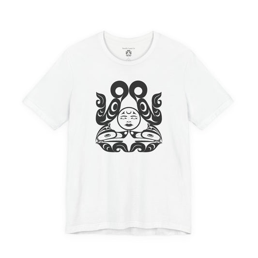 Unisex T-Shirt with black and white “Tsuu-Baa-Asaxt wolves” design by Joshua Watts