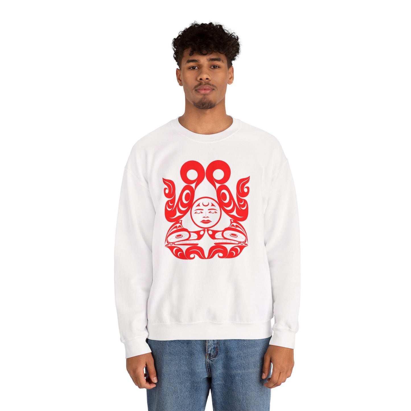 Unisex Crewneck Pullover sweatshirt with Red “Tsuu-Baa-Asaxt Wolves” design by Joshua Watts