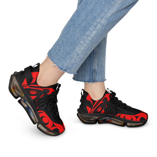 Women’s Stylin’ Black Sneakers with Red Wolf design by Joshua Watts