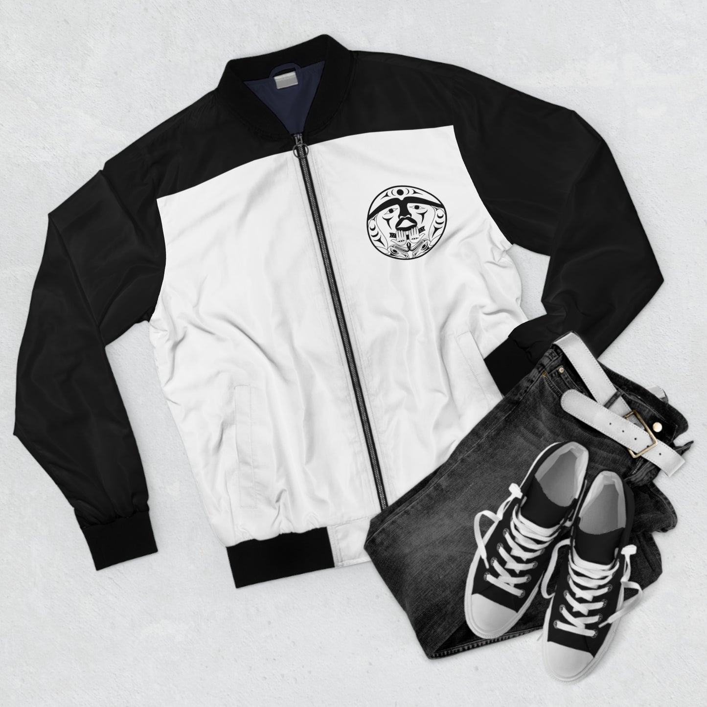 Black and White Unisex Bomber Jacket with Black “Xwechtaal” designed by Joshua Watts