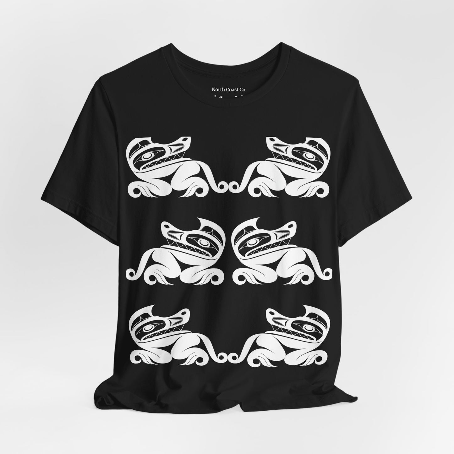 Unisex T-Shirt with black and white “Twin Wolves” design by Joshua Watts
