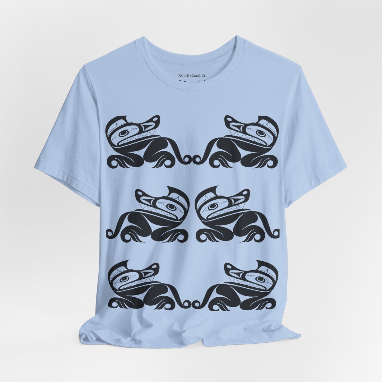 Unisex T-Shirt with black and white “Twin Wolves” design by Joshua Watts