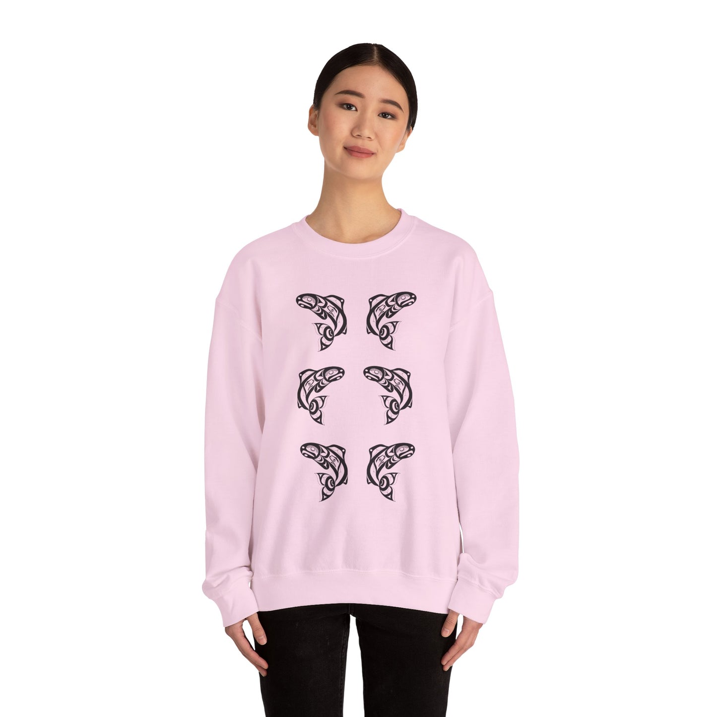 Unisex Crewneck Pullover sweatshirt with Black “Salmon Run” design by Joshua Watts