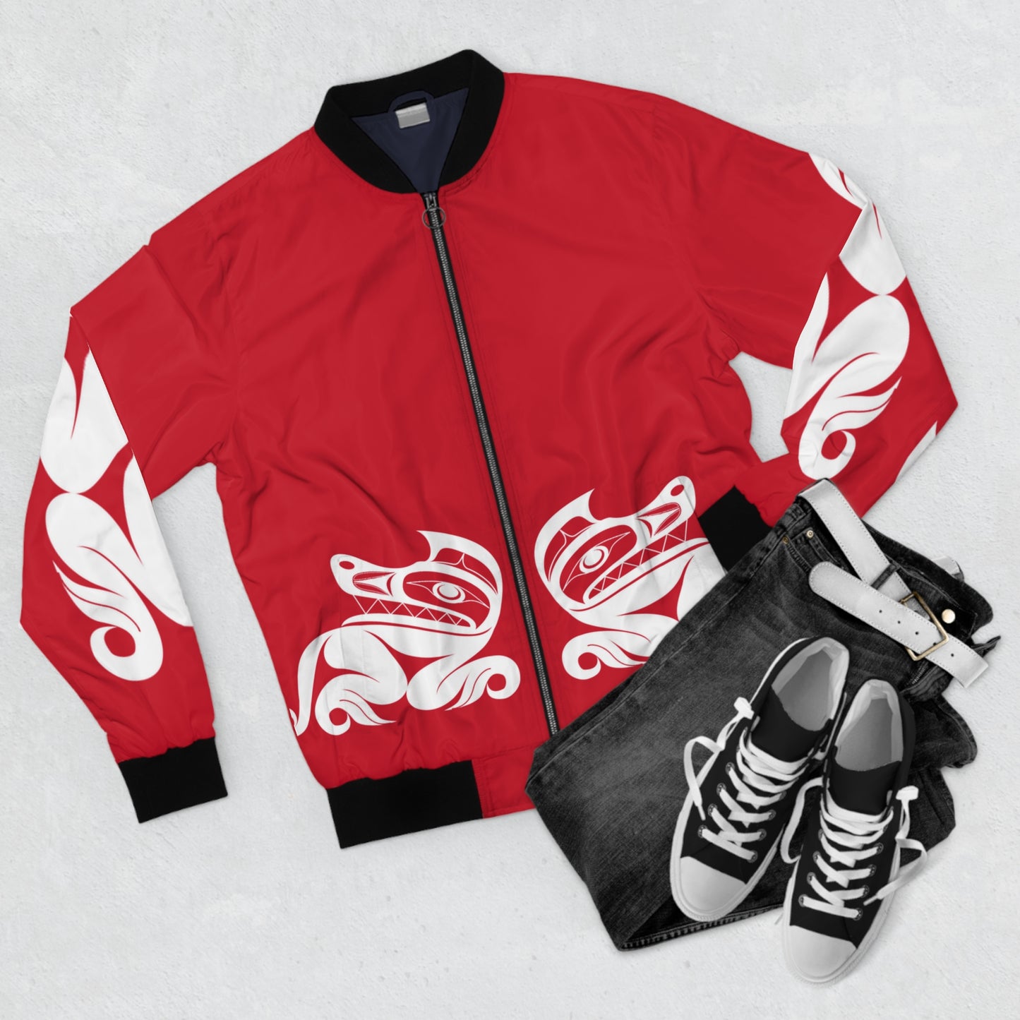 Red Unisex Bomber Jacket with White “Twin wolves” design by Joshua Watts
