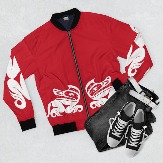 Red Unisex Bomber Jacket with White “Twin wolves” design by Joshua Watts
