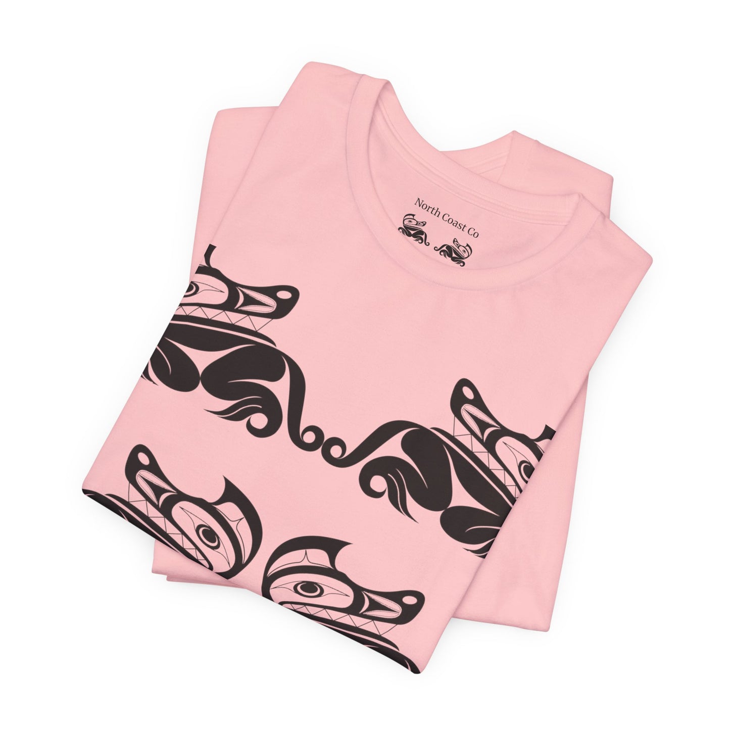 Unisex T-Shirt with black and white “Twin Wolves” design by Joshua Watts