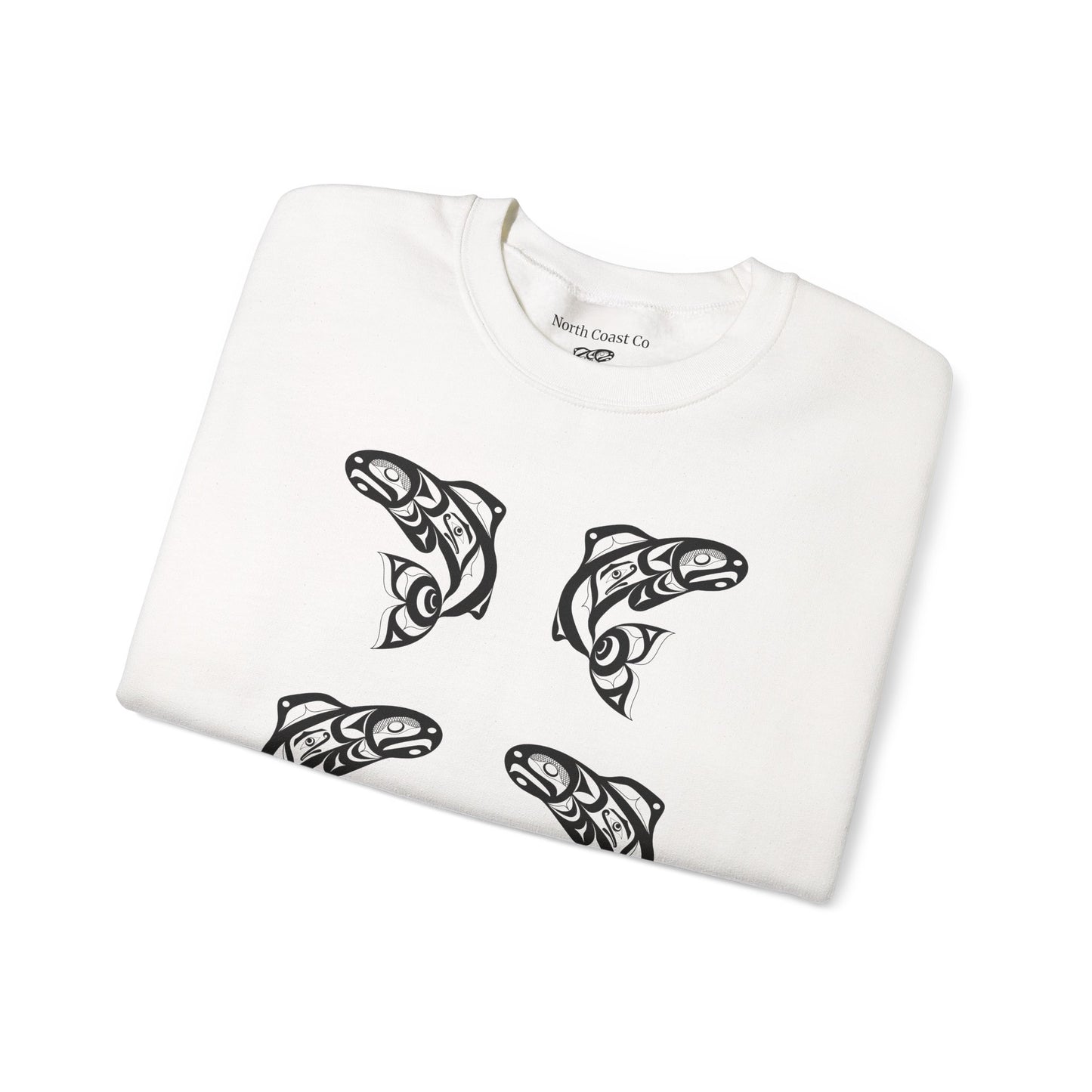 Unisex Crewneck Pullover sweatshirt with Black “Salmon Run” design by Joshua Watts