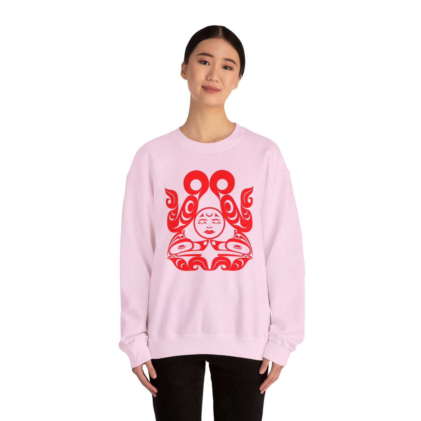 Unisex Crewneck Pullover sweatshirt with Red “Tsuu-Baa-Asaxt Wolves” design by Joshua Watts