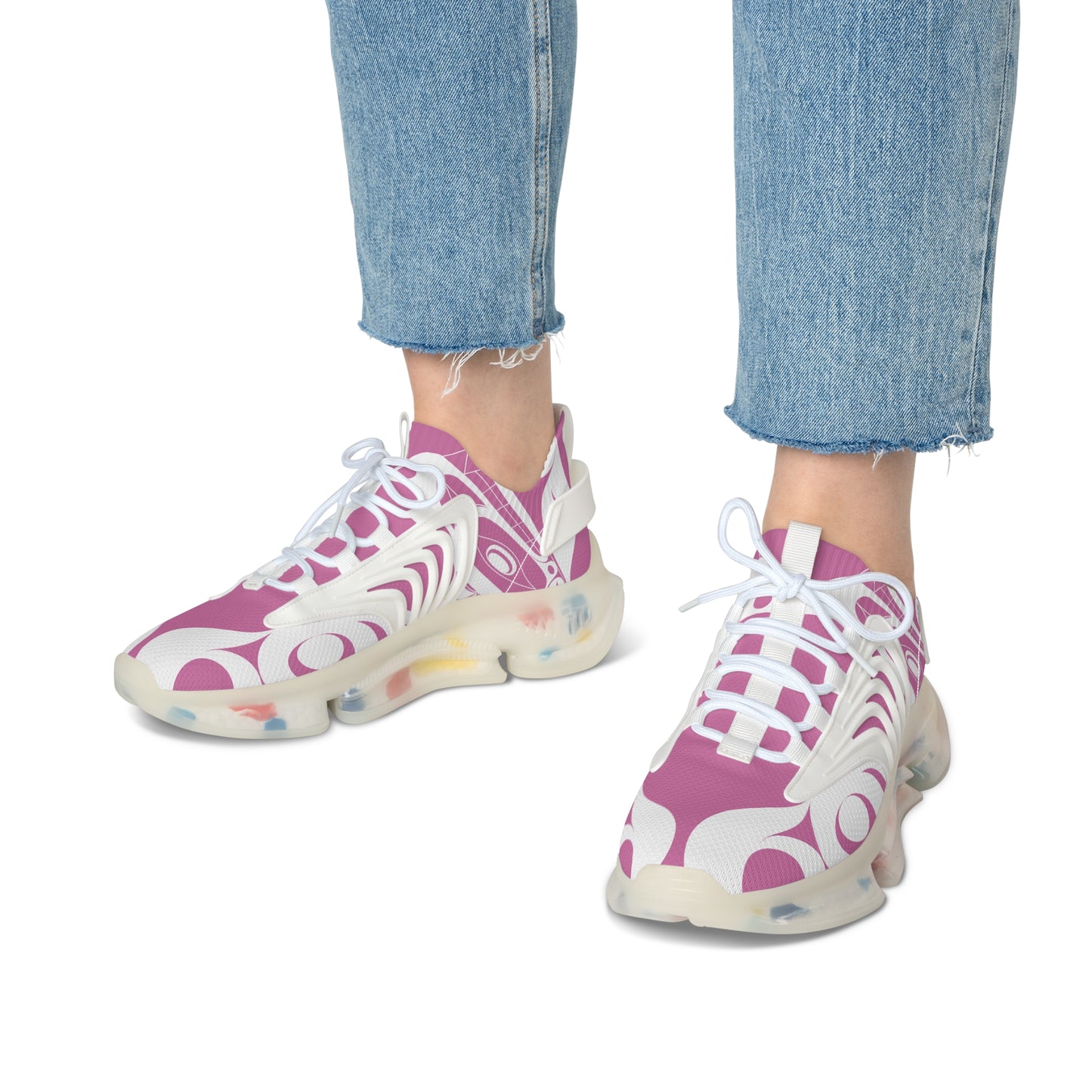 Women’s  Stylin’ Pink Sneakers with White Wolf design by Joshua Watts
