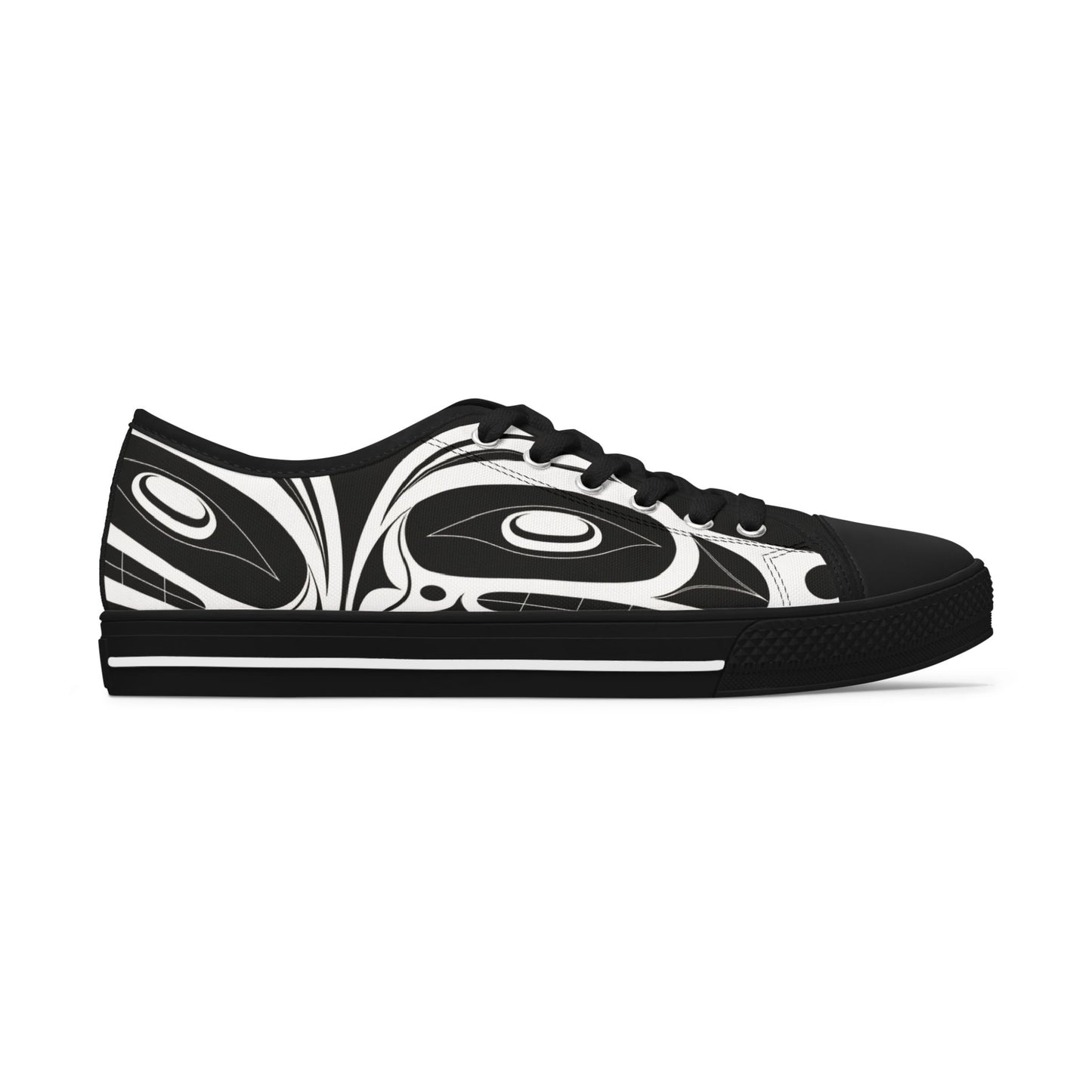Women's All Black Low Top shoes with White Wolf design by Joshua Watts