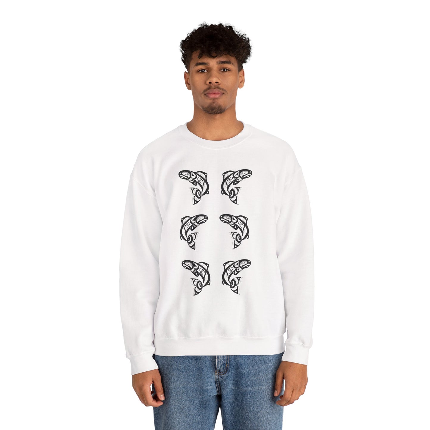 Unisex Crewneck Pullover sweatshirt with Black “Salmon Run” design by Joshua Watts