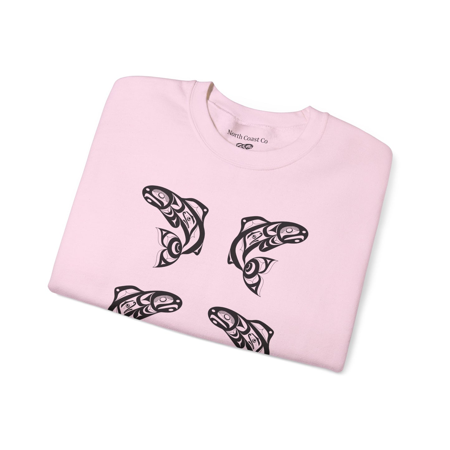 Unisex Crewneck Pullover sweatshirt with Black “Salmon Run” design by Joshua Watts