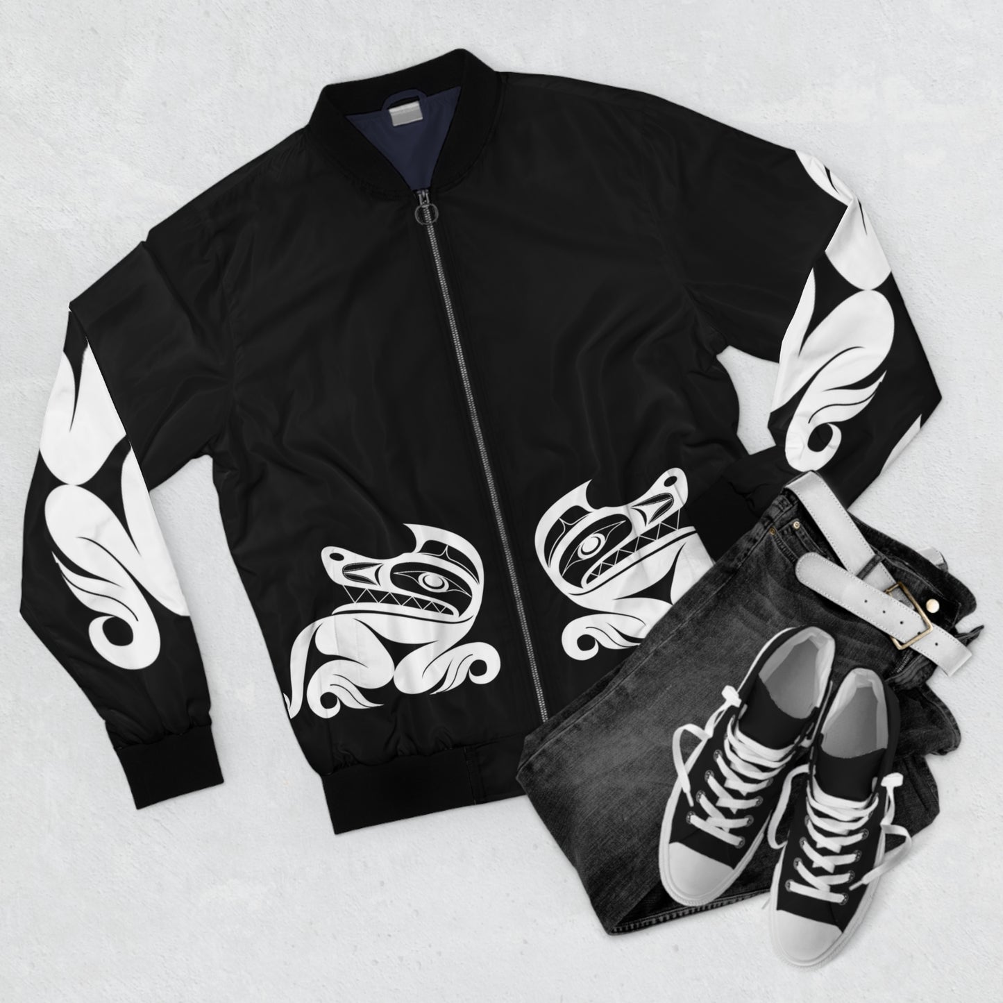 Unisex Bomber Jacket with White “Twin wolves” design by Joshua Watts